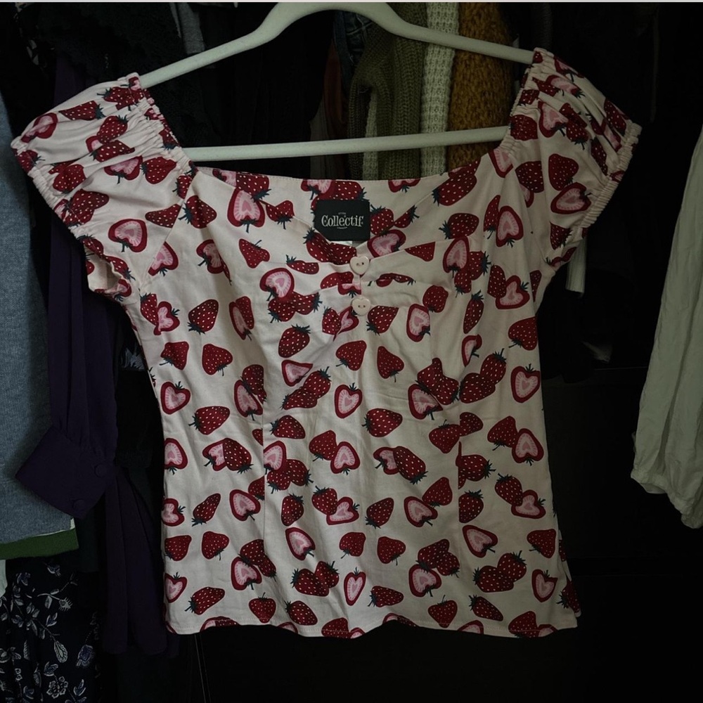 Collectif Pink and Red Heart Print Blouse